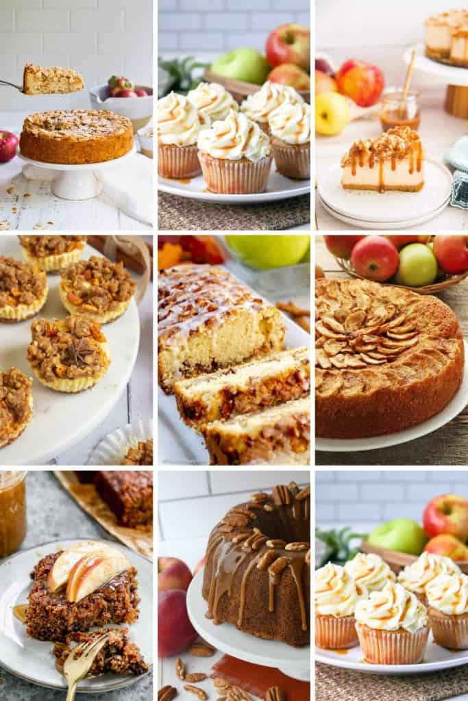 A collage of nine delicious apple desserts perfect for fall, including apple streusel cupcakes, apple cheesecake, crumb-topped mini apple pies, apple loaf cake, apple kuchen, apple dump cake, and fresh apple cake. Each treat showcases warm spices, caramel drizzles, or fresh apple slices, evoking cozy autumn flavors and textures.