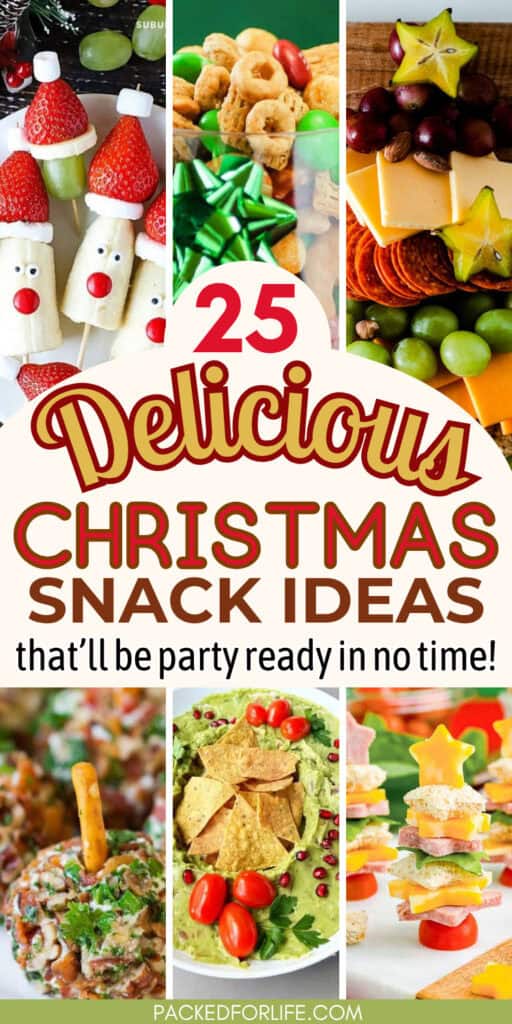 Collage of christmas themed appetizers for a crowd including fruit kabobs, savory holiday snack mix, holiday cheese boards, mini cheese balls, guacamole wreath dip, and meat and cheese Charcuterie Christmas tree.