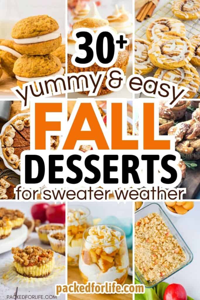 Collage of nine cozy fall desserts perfect for a crowd, including pumpkin whoopie pies, cupcakes with toasted meringue frosting, pumpkin cinnamon rolls, pecan-topped pie, caramel apple dip with pretzels, pull-apart cinnamon muffins, mini apple crumble cheesecakes, apple parfaits with whipped cream, and a large dish of apple crumble.