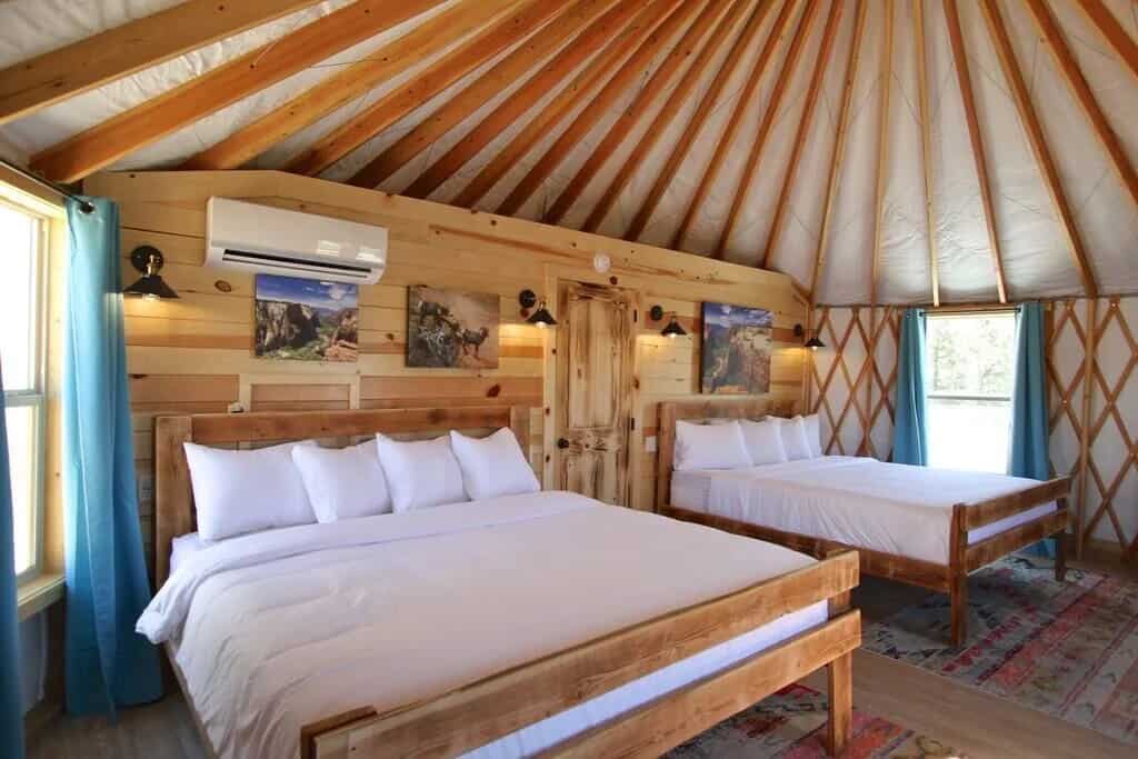 Two king beds in Yurt Overlook #8 at East Zion Resort
