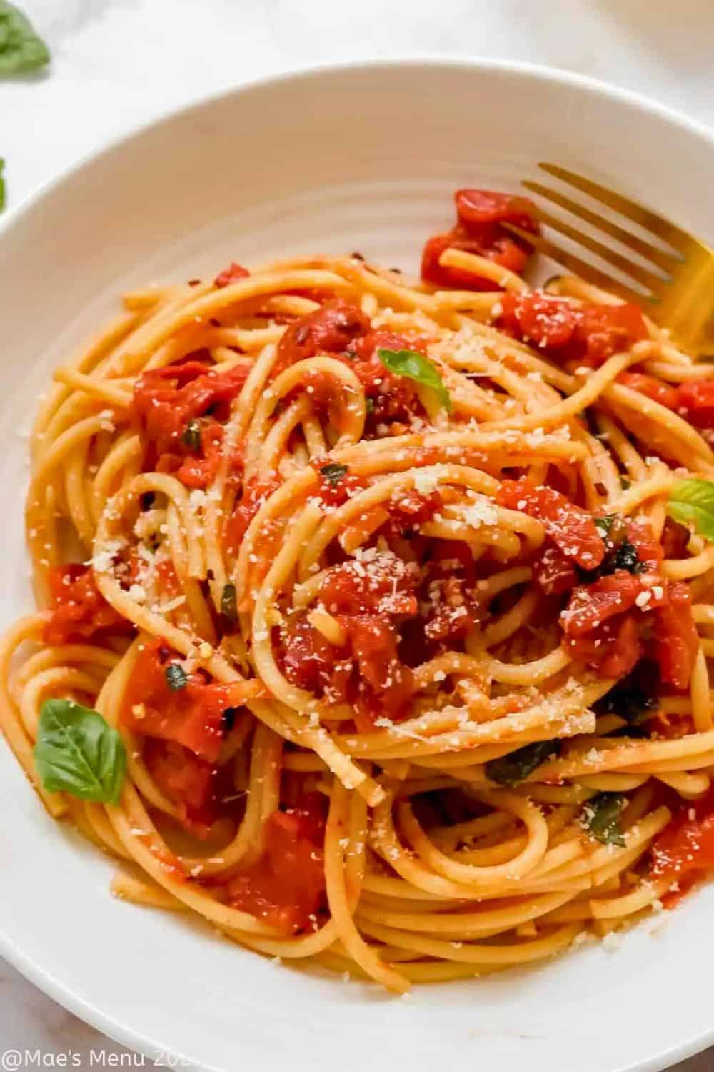 Bowl of spaghetti tossed in a chunky tomato sauce with fresh basil and a sprinkle of grated Parmesan cheese. This quick pasta dish is served in a white bowl with a gold fork, making it a simple and flavorful option for 20 minute meals.