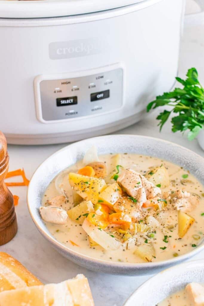 Bowl of crockpot chicken stew with creamy base and potatoes and carrots. 