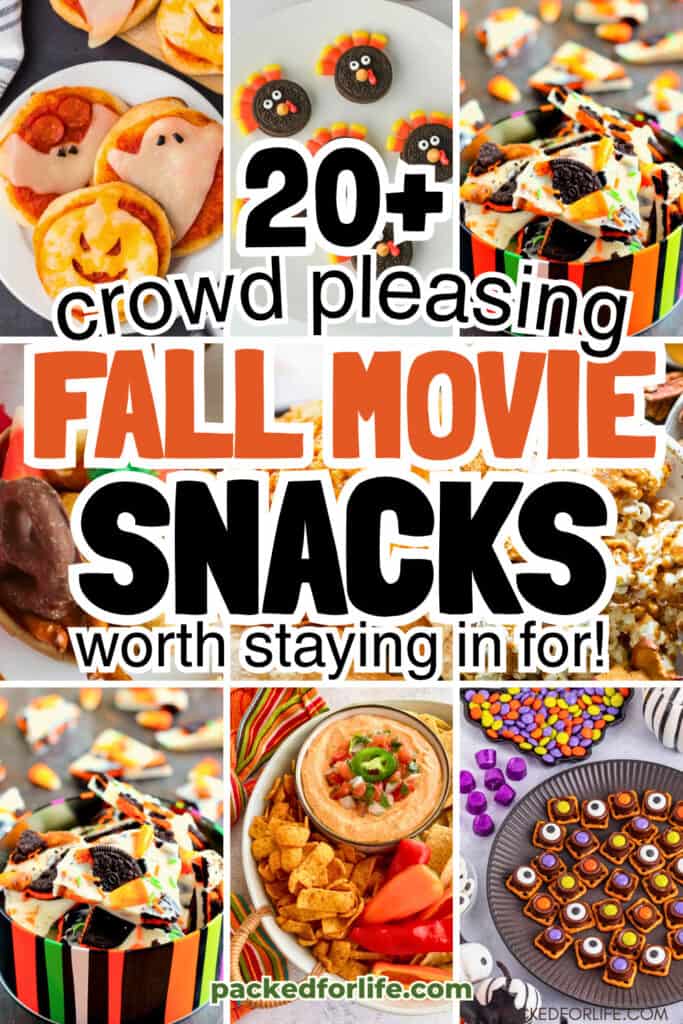 A colorful collage of fun fall movie night snacks including Halloween themed mini pizzas, turkey cookies, candy bark, cheesy dip, maple popcorn, pumpkin cheese ball and sweet treats offers for a cozy night at home.