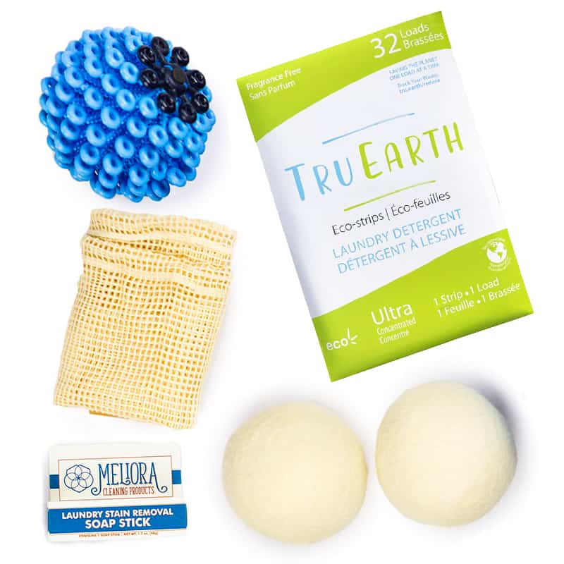 Eco Laundry bundle with dryer ball, soap strips, stain remover and cotton bag.