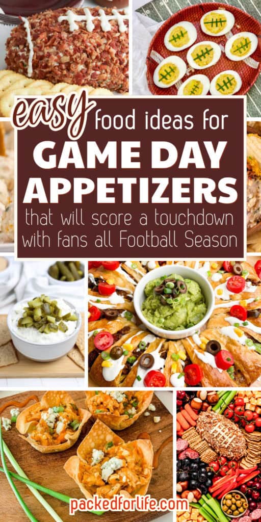 A collage of game day food ideas and appetizers, including a bacon covered cheese ball, football themed deviled eggs, creamy pickle dip, pull apart nachos with guacamole, buffalo chicken wonton cups, and a colorful snack board with meats, cheeses, crackers, and vegetables.