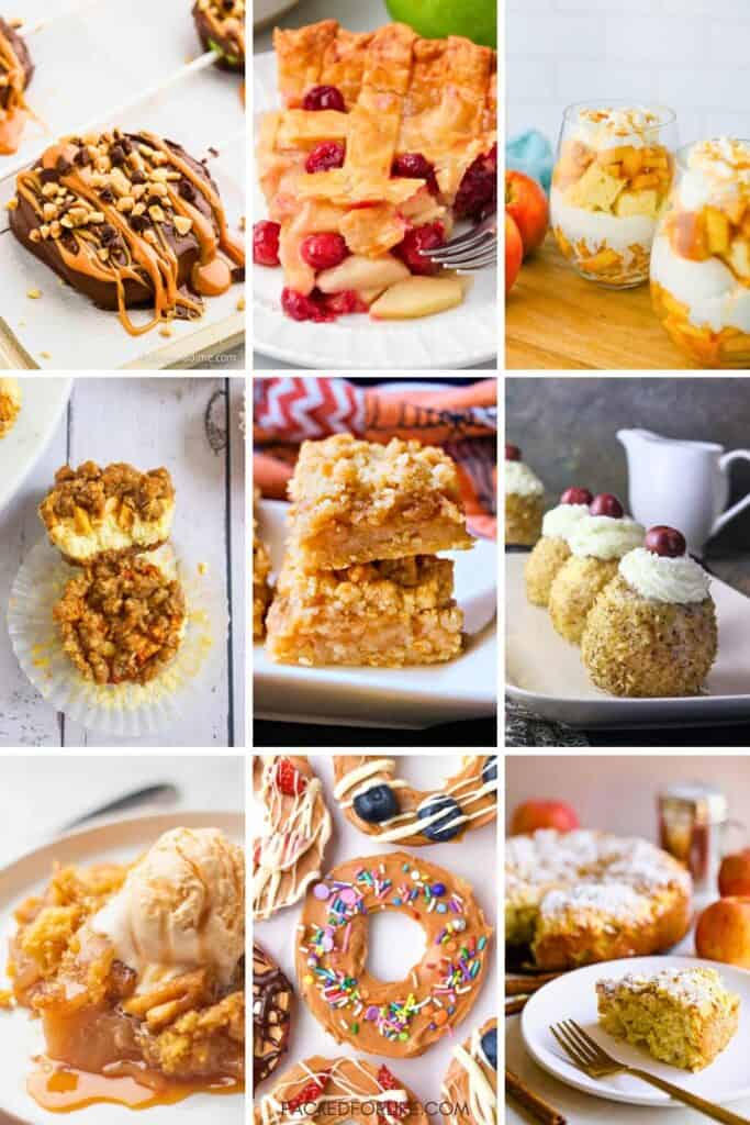 A collage of nine apple-themed Thanksgiving desserts, including apple cranberry pie, apple trifles, apple cheesecake bites, pple crumble bars, poached apples, cake mix cobbler with ice cream, apple slice donuts with toppings, and powdered sugar-dusted apple cake.