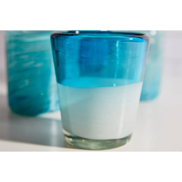 Handblown recycled glasses in blue and white colors.